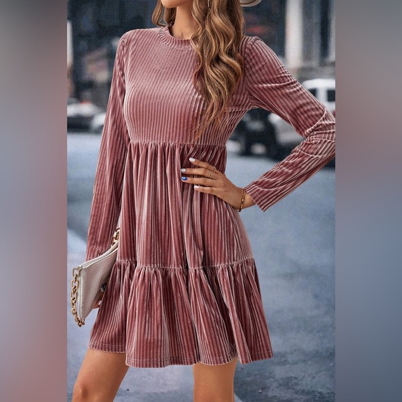 Ribbed Round Neck Ruffle Hem Mini Dress - Picture 1 of 3